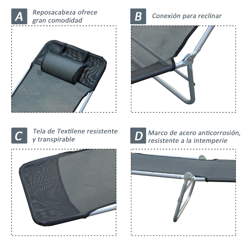 Tumbona Inclinable Plegable para Jardin Playa o Piscina con Almohada Acero y Textilene 182x56x24.5 cm Negro