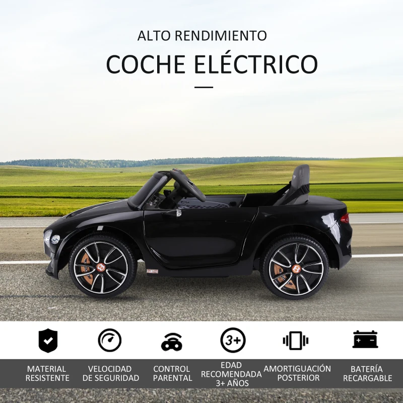 HOMCOM Coche Eléctrico para Niños Bentley GT Coche de Batería para Niños de +3 Años Velocidad 2,5-5 km/h 108x60x43 cm Negro