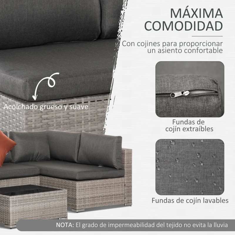 Outsunny Conjunto de Muebles de Jardín de Ratán 4 Piezas Mesa de Centro de Vidrio Sofá Doble y 2 Sofás Esquineros con Cojines Desenfundables para Terraza Exterior Gris