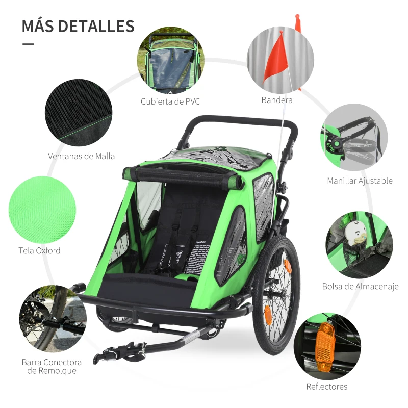 HOMCOM Remolque de Bicicleta 2 en 1 para Niños +18 Meses Plegable Cochecito de Paseo de 2 Plazas con Manillar Ajustable en Altura Bandera y Reflectores 160x83x96 cm Verde