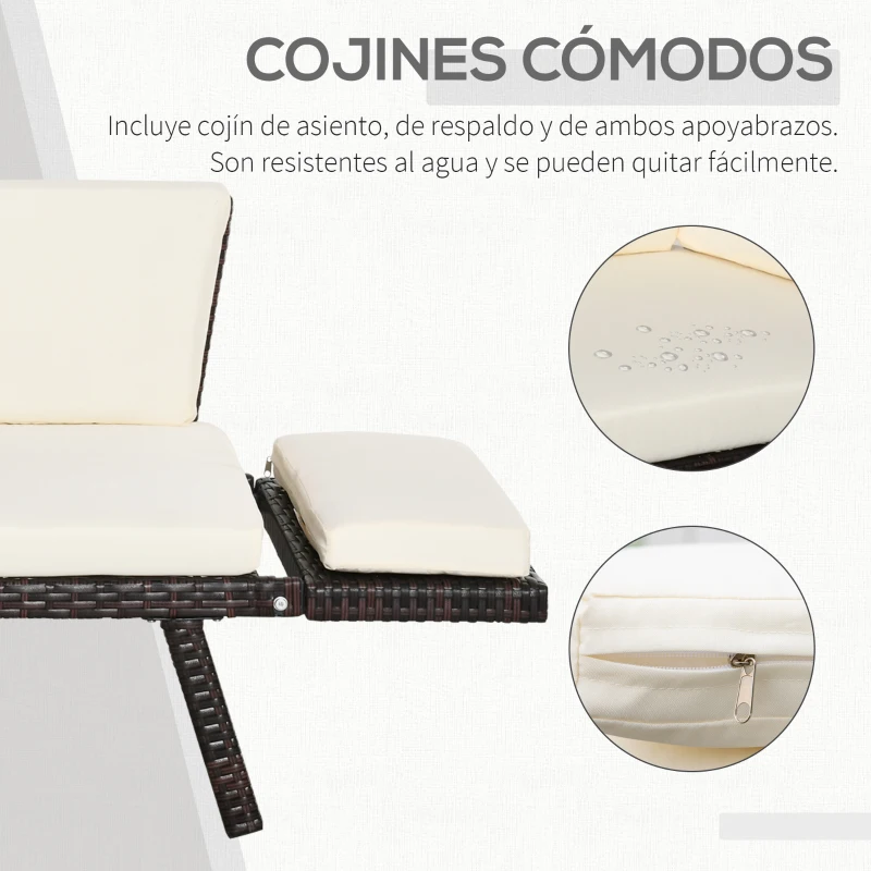 Outsunny Sofá de Ratán de 2 Plazas Convertible en Cama Individual con Reposabrazos Abatibles y Cojines Acolchados Sofá Doble para Exterior Jardín Patio Terraza 129x63x67 cm Beige