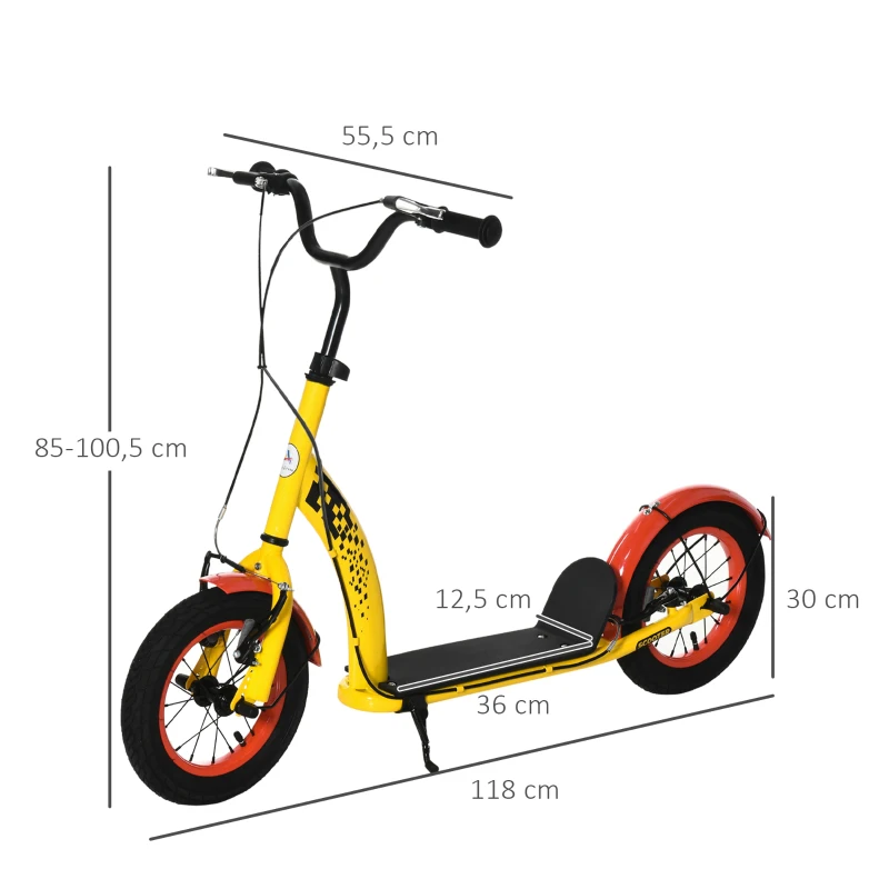 HOMCOM Kinderroller mit 12'' Luftreifen Scooter Tretroller höhenverstellbar Roller Cityroller Kinder Roller Kickboard ab 5 Jahre Kleinkind Schwarz 118 x 55,5 x 85-100,5 cm