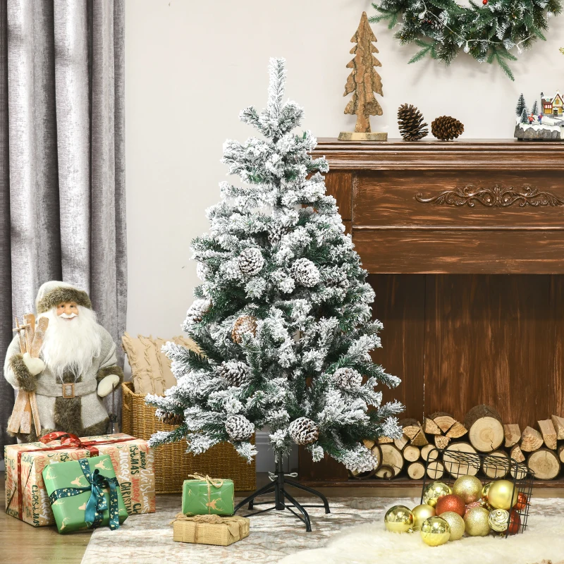 HOMCOM Sapin de Noël artificiel avec 28 pommes de pin 269 branches enneigées support en acier socle pliable hauteur 120 cm vert