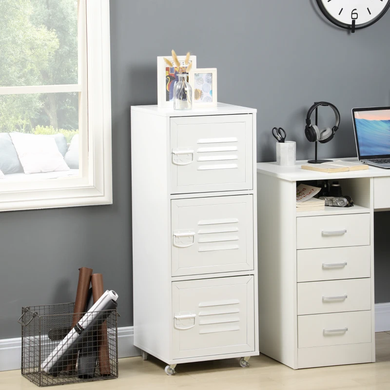 HOMCOM Rolling Storage Cabinet 3-Tier Mobile File Cabinet with Wheels & Metal Doors for Home Office, Living Room, White