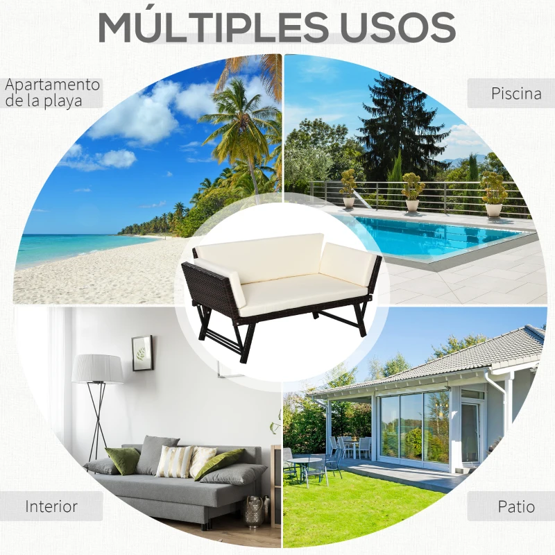 Outsunny Sofá de Ratán de 2 Plazas Convertible en Cama Individual con Reposabrazos Abatibles y Cojines Acolchados Sofá Doble para Exterior Jardín Patio Terraza 129x63x67 cm Beige