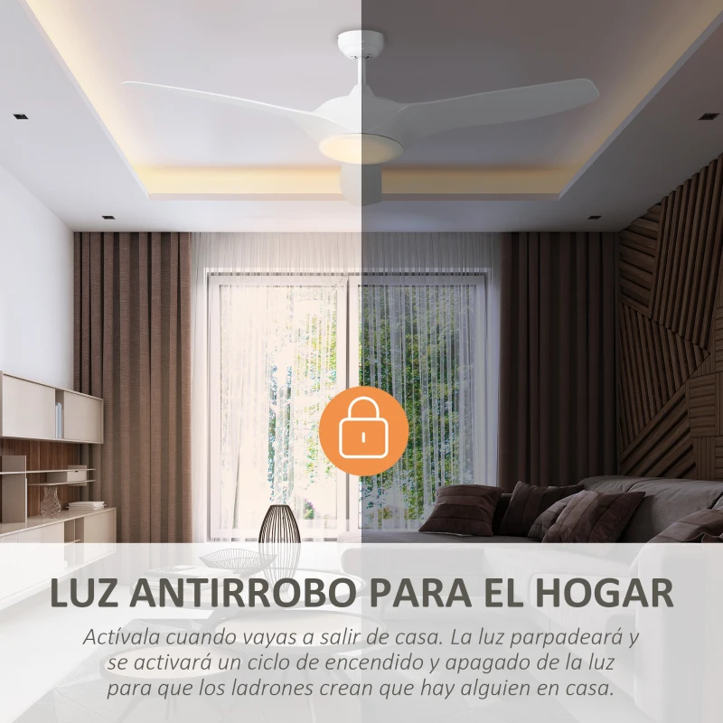 HOMCOM Ventilador de Techo con Luz LED Motor Diámetro 132 cm Mando a Distancia 3 Aspas Reversibles 6 Velocidades y Temporizador Silencioso para Dormitorio Salón Comedor Blanco