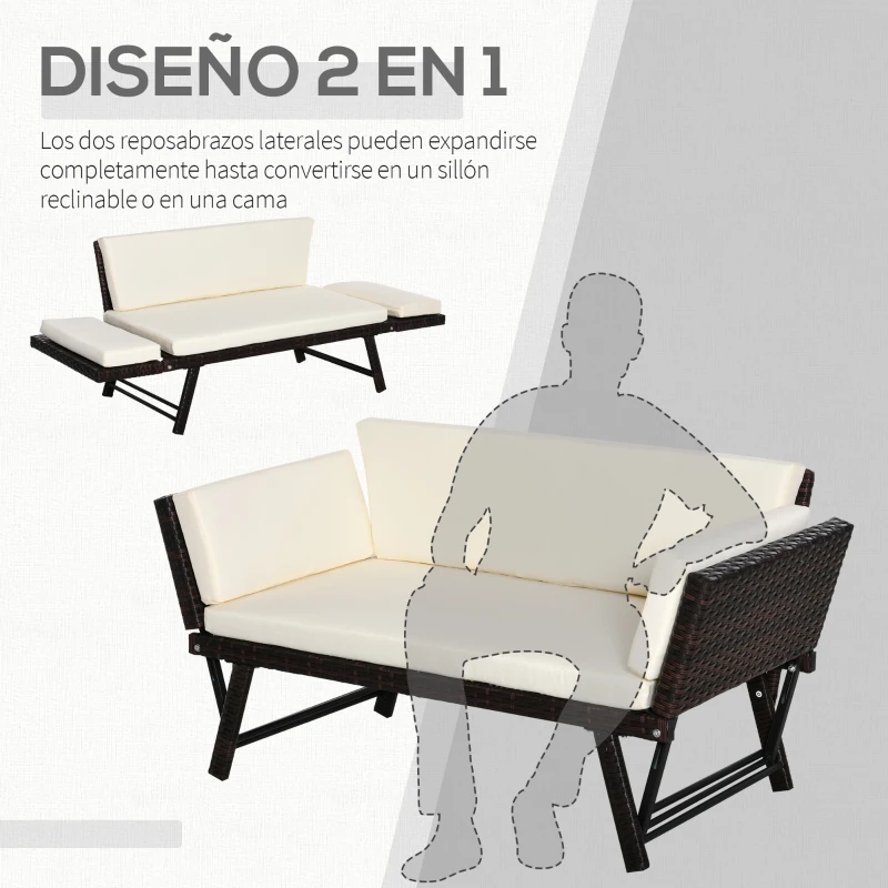 Outsunny Sofá de Ratán de 2 Plazas Convertible en Cama Individual con Reposabrazos Abatibles y Cojines Acolchados Sofá Doble para Exterior Jardín Patio Terraza 129x63x67 cm Beige