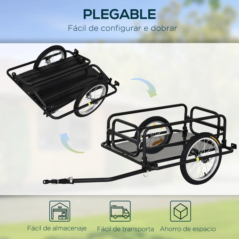 PawHut Remolque de Bicicleta Plegable para Carga 40kg Carga de Equipaje con Marco de Acero Ligero y Reflectores 139x71,5x49 cm Negro