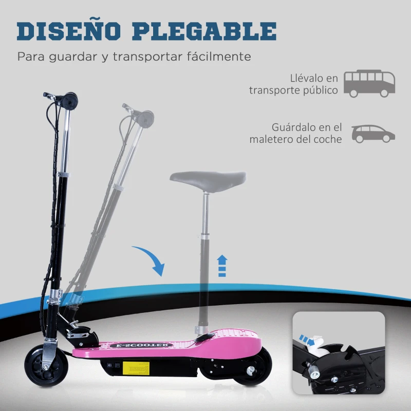HOMCOM Patinete Eléctrico para Niños Scooter Eléctrico Plegable 120W con Manillar Ajustable Velocidad 10 km/h 78x37x99 cm Rosa
