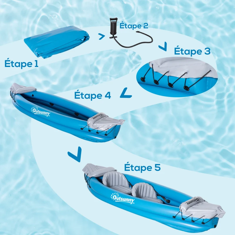 Outsunny Kayak gonflable pour 2 personnes avec pompe à air, rames en aluminium, bleu