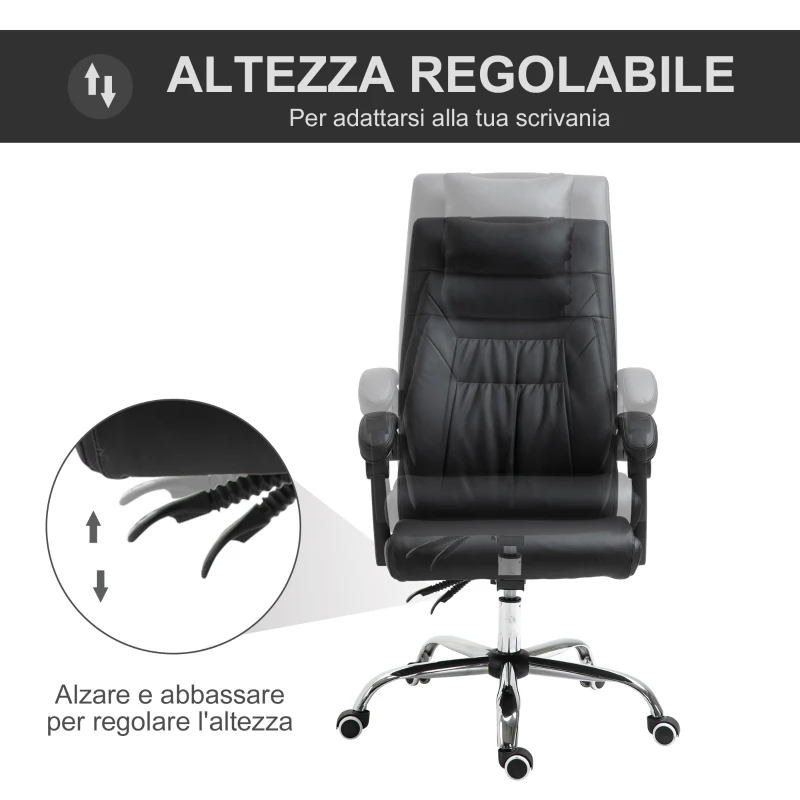 Vinsetto Sedia da Ufficio, Poltrona da Scrivania in Ecopelle, Spessa Imbottitura Reclinabile fino 135° con Cuscino Rimovibile e Massaggiante, Nera