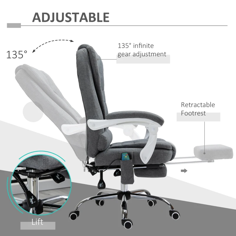 Vinsetto Office Chair with 6 Point Massage and Back Heat, Linen Desk Chair with Footrest Adjustable Height and Swivel Wheels, Back Reclining, Grey