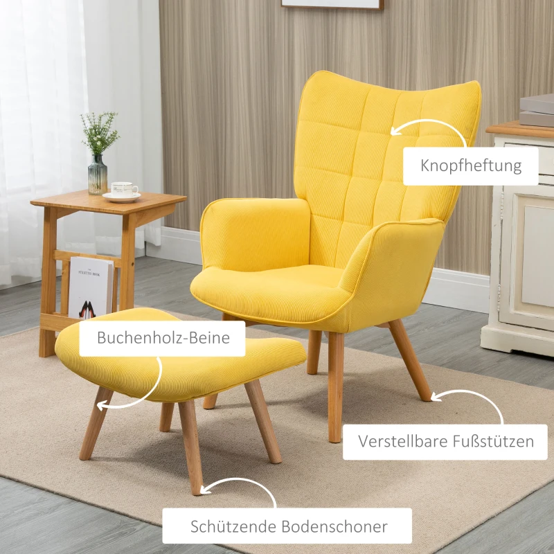 HOMCOM Fauteuil scandi accent met voetenbank, fauteuilset, beukenhout, corduroy-look, geel