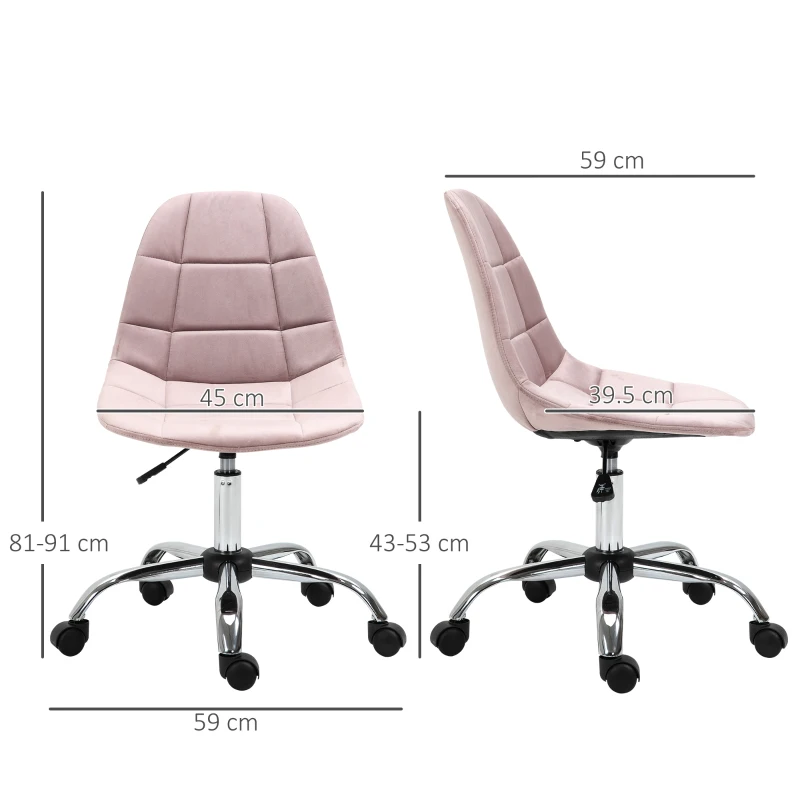 Vinsetto Sedia da Ufficio Girevole , Design Ergonomico e Regolabile Senza Braccioli, Rosa, 59x59x81-91cm