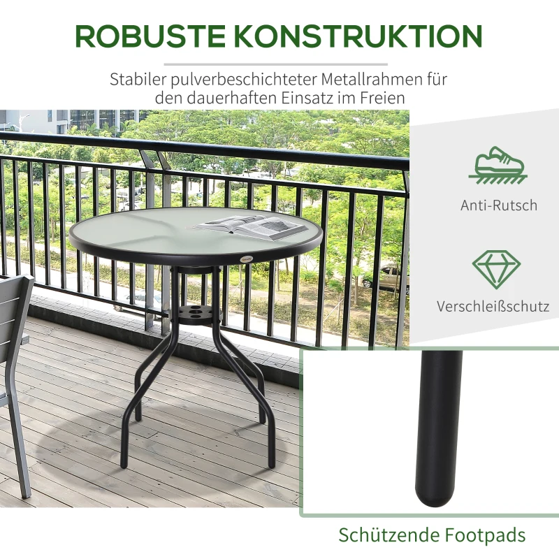 Outsunny® STÓŁ OGRODOWY BALKONOWY BISTRO MEBLE OGRODOWE OTWÓR NA PARASOL szkło hartowane + metal czarny Ø80 x 72 cm