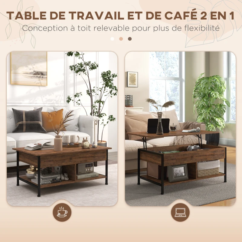 HOMCOM Table basse relevable table de salon compartiment caché 2 étagères inférieures 100 x 80 x 60 cm marron rustique noir