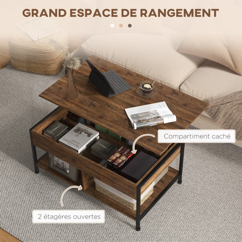HOMCOM Table basse relevable table de salon compartiment caché 2 étagères inférieures 100 x 80 x 60 cm marron rustique noir
