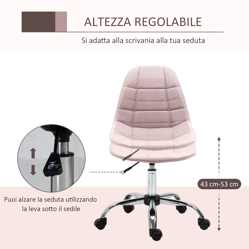 Vinsetto Sedia da Ufficio Girevole , Design Ergonomico e Regolabile Senza Braccioli, Rosa, 59x59x81-91cm