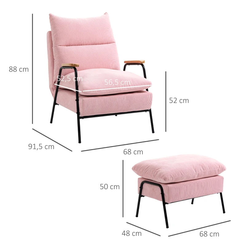 HOMCOM Sessel mit Ottomane, inkl. Kissen, 68 cm x 91,5 cm x 88 cm, Rosa