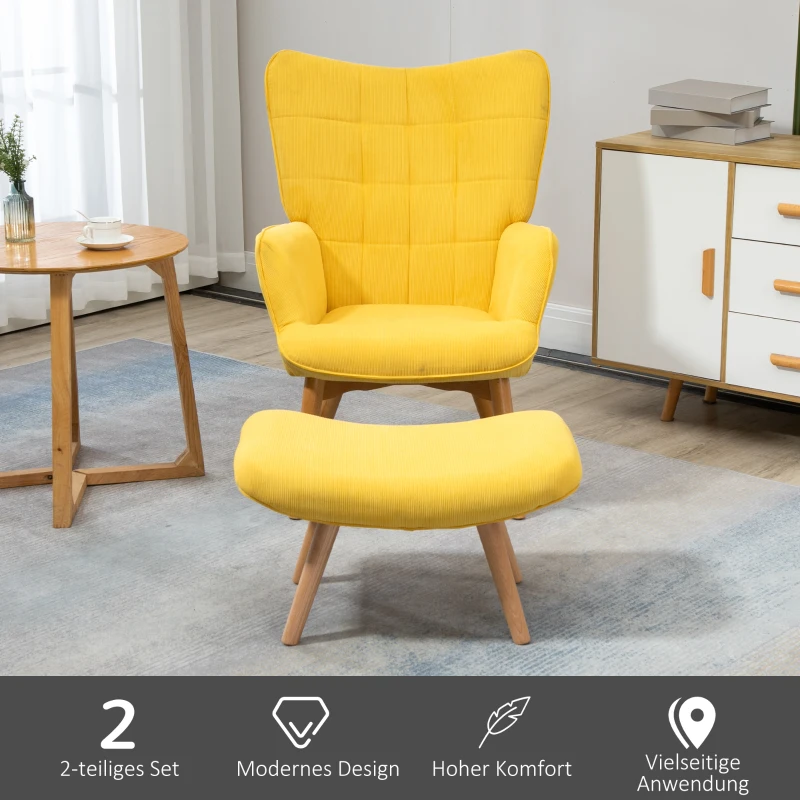 HOMCOM Fauteuil scandi accent met voetenbank, fauteuilset, beukenhout, corduroy-look, geel