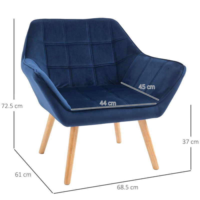 HOMCOM Accent Chair, Arm Chair with Wide Arms, Slanted Back, Thick Padding and Rubber Wooden Legs for Living Room Blue