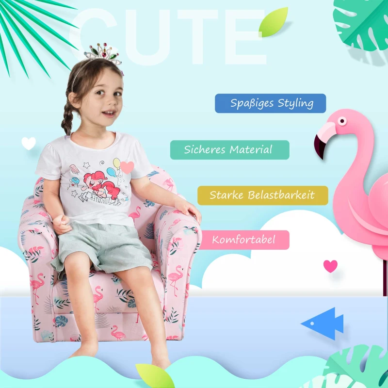 HOMCOM kinderbank mini-bank-stoel met antislipvoetjes patroon met roze flamingo‘s