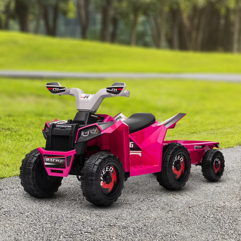 HOMCOM 6V Quad Bike with Back Trailer, Wear-Resistant Wheels, for Ages 18-36 Months, Pink