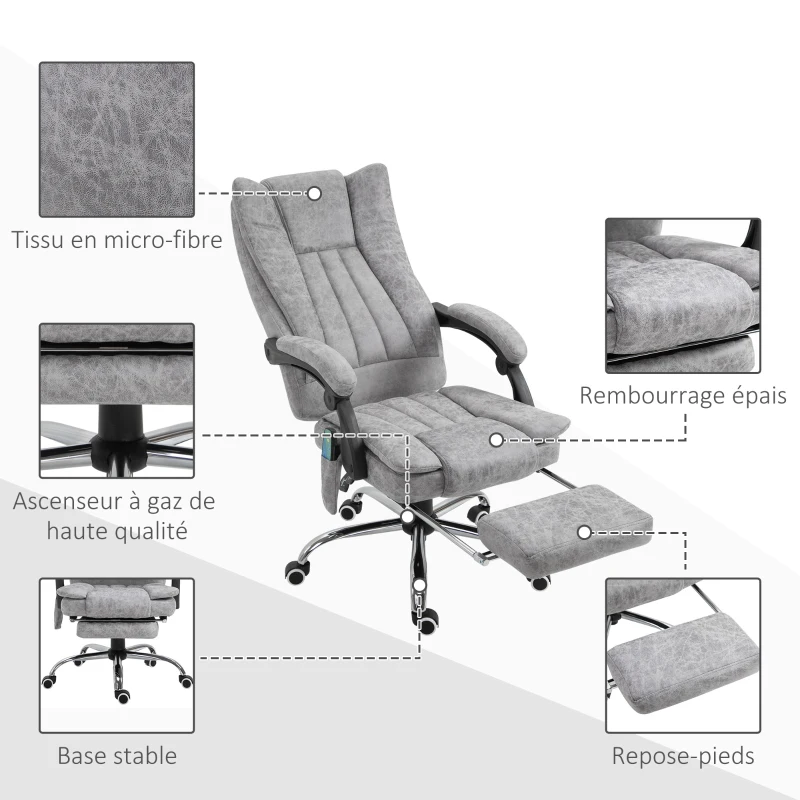 HOMCOM Fauteuil de bureau massant chauffant fauteuil bureau confortable hauteur réglable dossier inclinable repose-pied revêtement synthétique gris