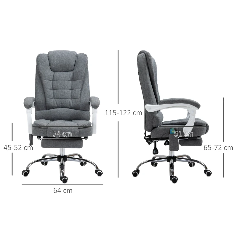 Vinsetto Office Chair with 6 Point Massage and Back Heat, Linen Desk Chair with Footrest Adjustable Height and Swivel Wheels, Back Reclining, Grey