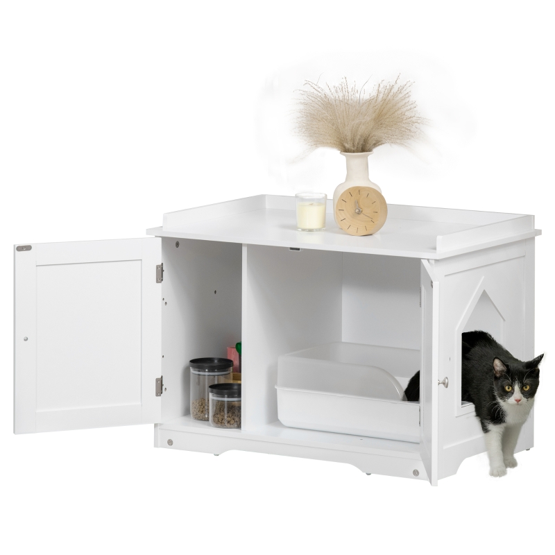 PawHut Cat Litter Box, Cat House, with Partition Wall, Magnetic Double Door, Side Shelf, White, 86 x 48 x 52cm