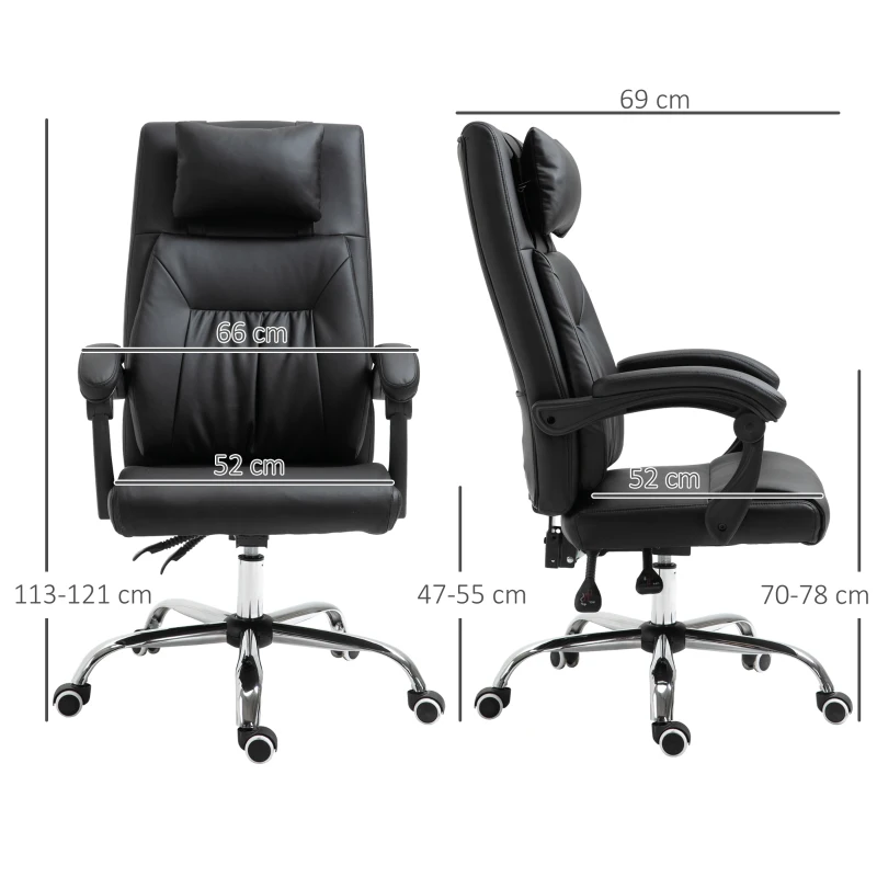 Vinsetto Sedia da Ufficio, Poltrona da Scrivania in Ecopelle, Spessa Imbottitura Reclinabile fino 135° con Cuscino Rimovibile e Massaggiante, Nera