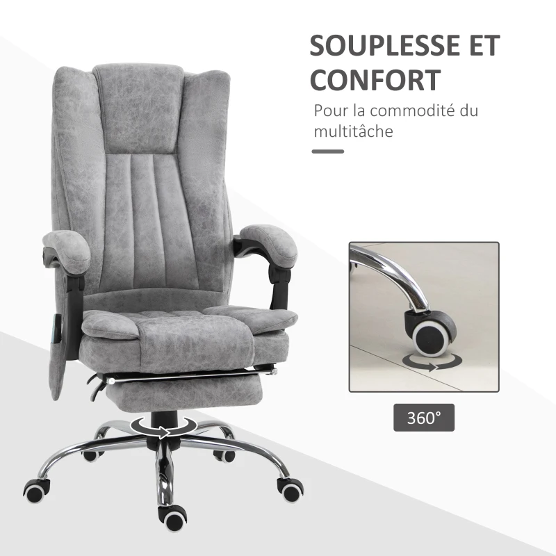 HOMCOM Fauteuil de bureau massant chauffant fauteuil bureau confortable hauteur réglable dossier inclinable repose-pied revêtement synthétique gris