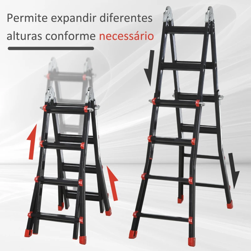 HOMCOM Escada Telescópica de Alumínio 4 m Escada Extensível Dobrável com 4 Degraus Ajustáveis Preto e Vermelho