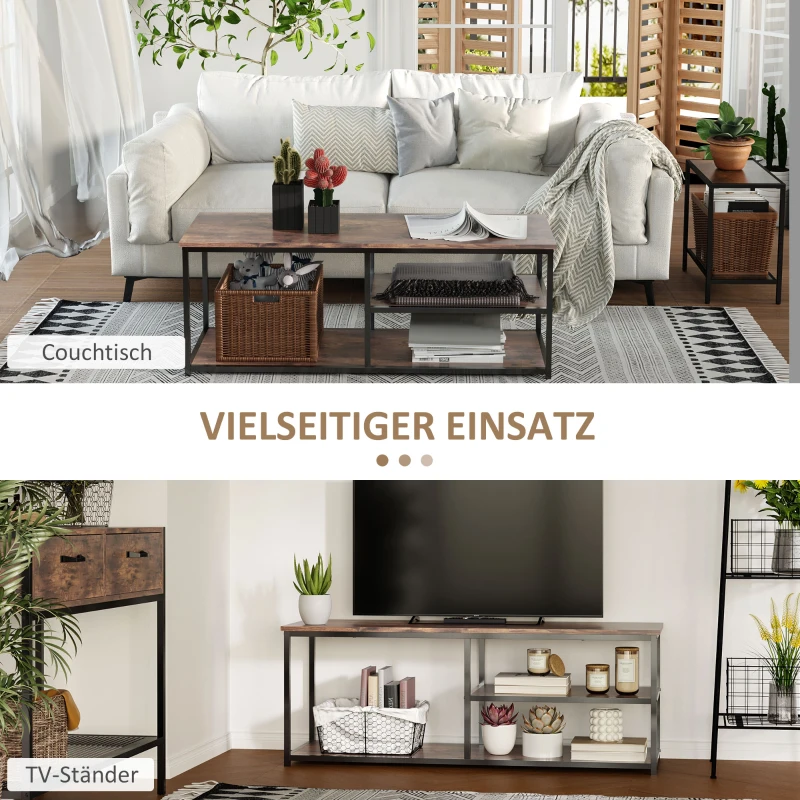 Homcom® Szafka TV Lowboard Półka Na TV Styl Industrialny 3 Poziomy Płyta Wiórowa Naturalny 120 X 40 X 45 cm