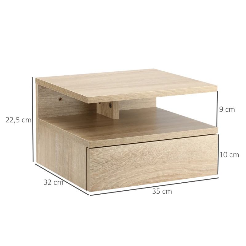 HOMCOM Conjunto de 2 Mesas de Cabeceira Flutuante com 1 Gaveta e Prateleira Aberta com Desenho Moderno  35x32x22,5 cm Carvalho