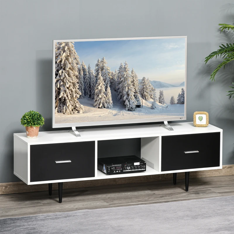 HOMCOM Fernsehtisch TV Lowboard Fernsehschrank mit Schubladen Regale für 60'' Fernseher TV-Board Wohnzimmer Schlafzimmer Metallbeine Weiß 140 x 30 x 42 cm