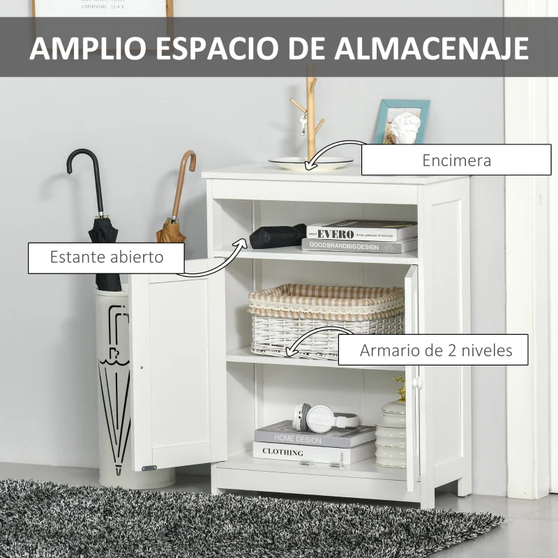 HOMCOM Armario Auxiliar de Baño con 2 Puertas Estante Interior Ajustable y Compartimento Abierto Mueble de Baño para Salón Cocina 60x30x80 cm Blanco