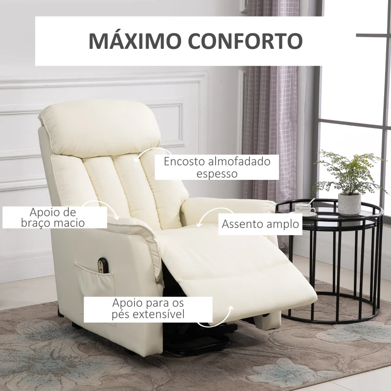 HOMCOM Poltrona Levanta Pessoas Reclinável com Apoio para os Pés Controlo Remoto Reclinação 145° e Bolso Lateral 80x94x104 cm Creme