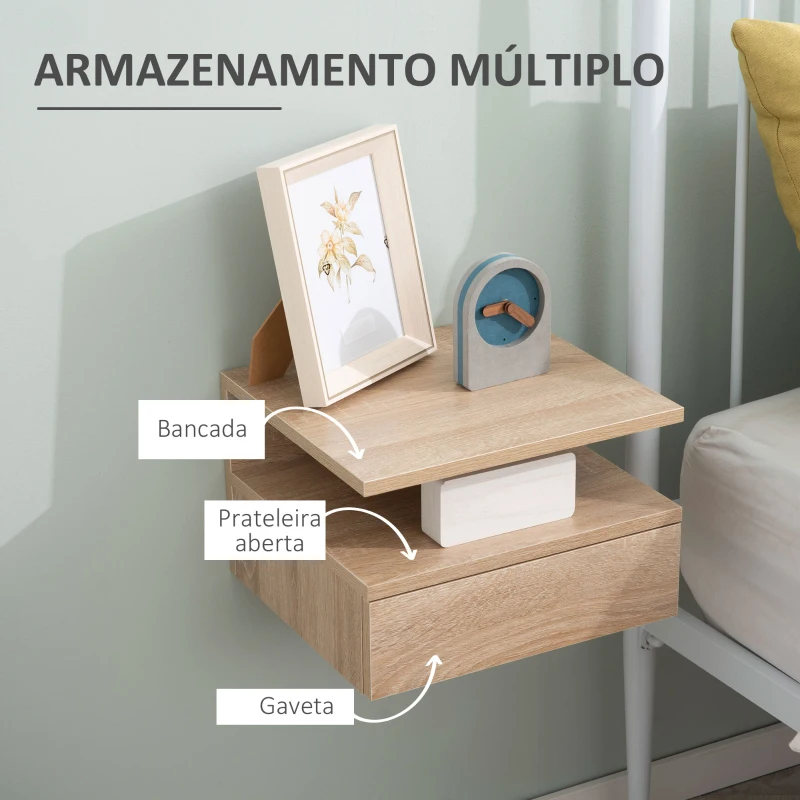 HOMCOM Conjunto de 2 Mesas de Cabeceira Flutuante com 1 Gaveta e Prateleira Aberta com Desenho Moderno  35x32x22,5 cm Carvalho