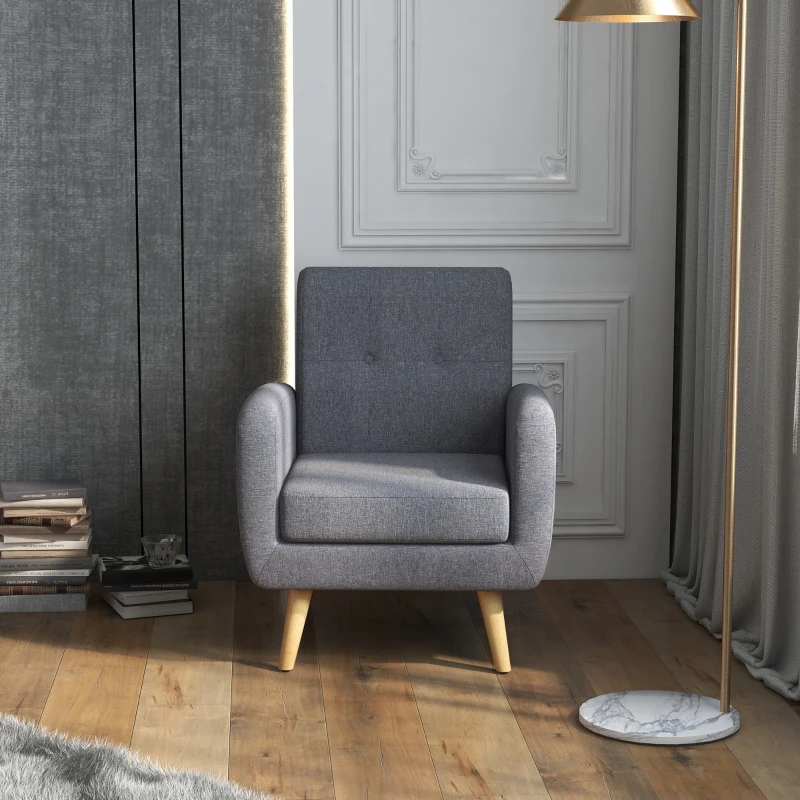 HOMCOM Fauteuil in Scandinavisch design, accentfauteuil, knoopstiksel, natuur + lichtgrijs