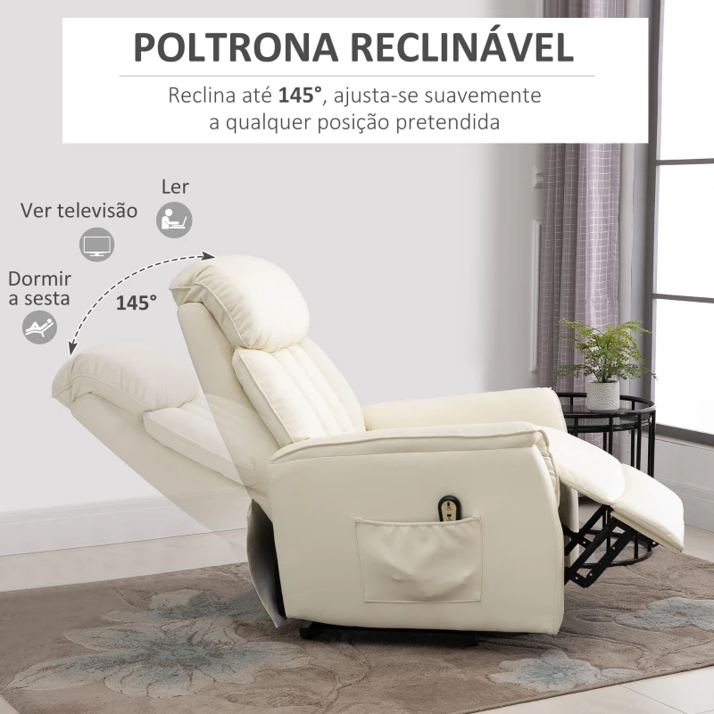 HOMCOM Poltrona Levanta Pessoas Reclinável com Apoio para os Pés Controlo Remoto Reclinação 145° e Bolso Lateral 80x94x104 cm Creme