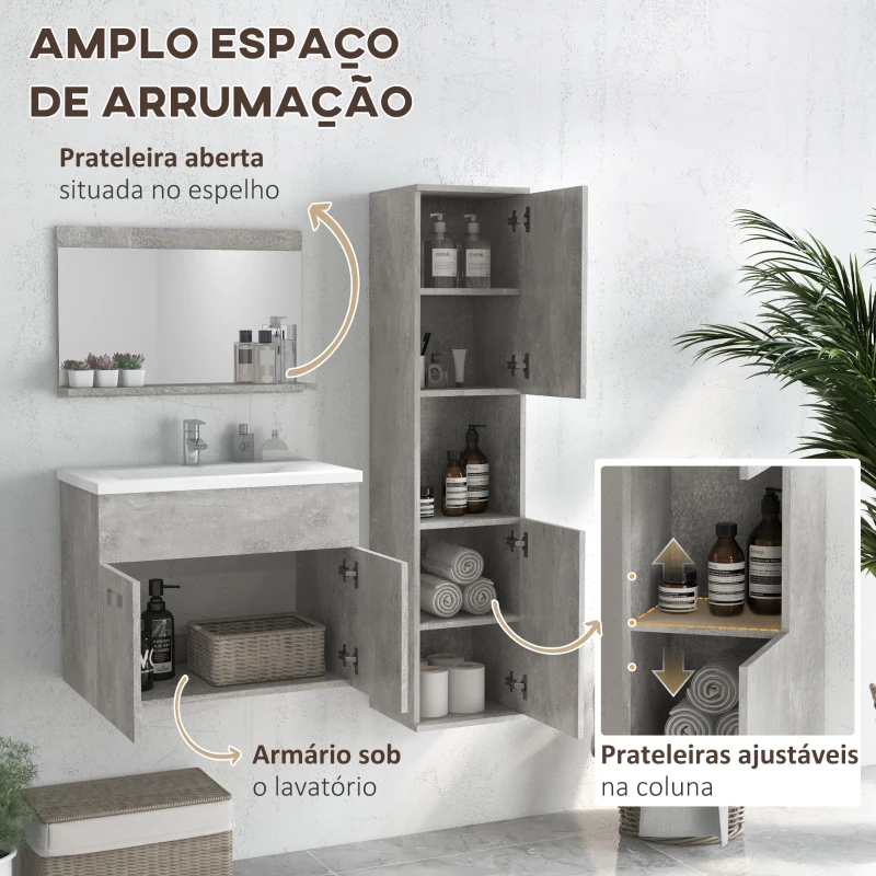 kleankin Conjunto de Móveis Casa de Banho 3 Peças com Espelho Móvel com Lavatório Cerâmico e Coluna de Casa de Banho Cinza