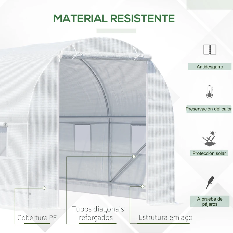 Outsunny Estufa tipo Túnel 445x200x200 cm com Porta Enrolável e 6 Janelas Cobertura de PE 140 g/m² Anti-UV Branco