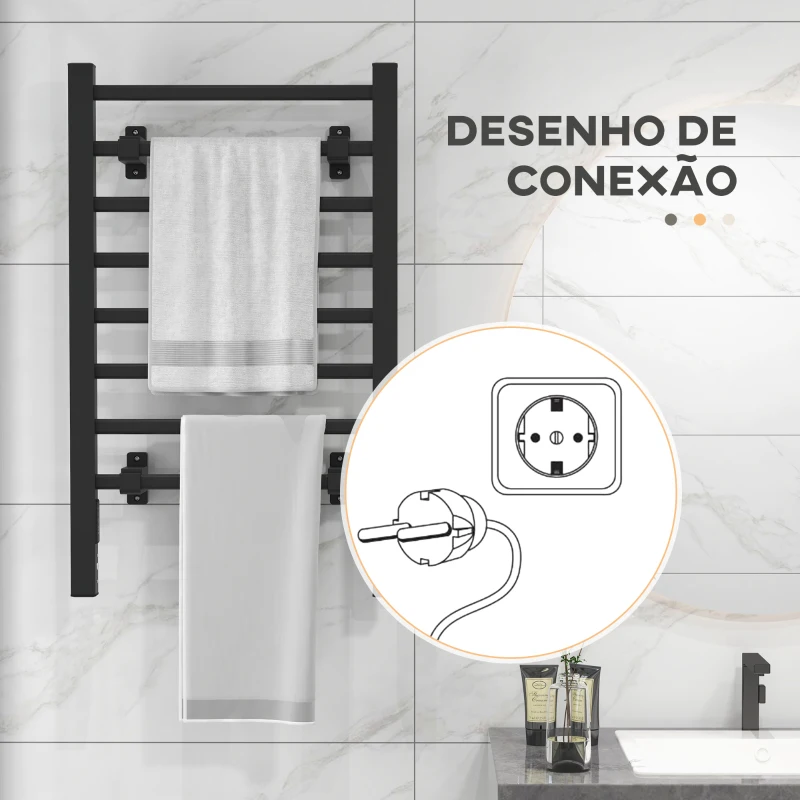 HOMCOM Toalheiro Elétrico de Parede ou Solo 150 W com Função de Temporizador e 8 Barras para Casa de Banho 53x35x90 cm Preto