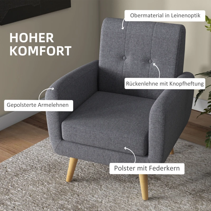 HOMCOM Fauteuil in Scandinavisch design, accentfauteuil, knoopstiksel, natuur + lichtgrijs