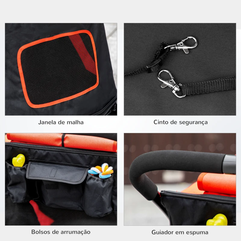 PawHut Carrinho para Cães Dobrável com Janelas de Malha Cinto de Segurança e Bolsos de Armazenamento 112x65x100 cm Vermelho