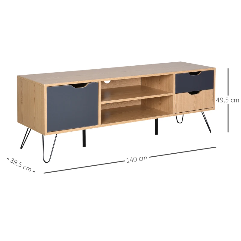 HOMCOM TV Schrank, TV-Kommode, Schrankelement mit Schublade und Offene Regale, Spanplatte, Metall, Grau, 140 x 39,5 x 49,5 cm