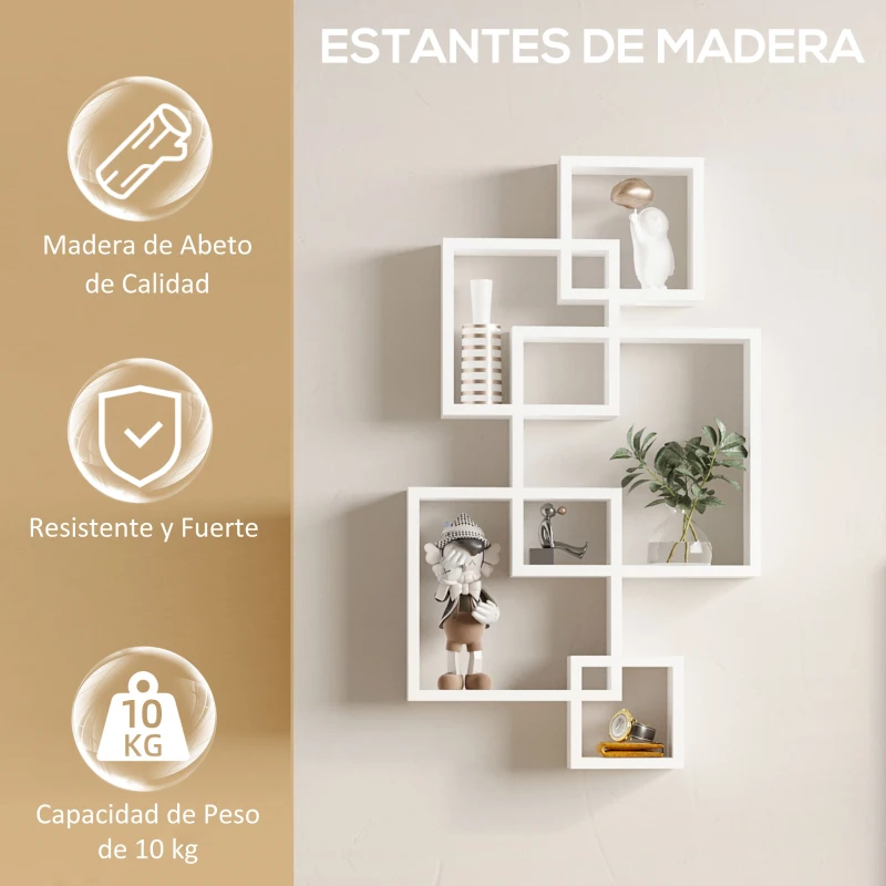 HOMCOM Estantería de Pared con 5 Cubos Estante Flotante de Madera para Salón  Estilo Moderno 49,5x10,2x86 cm Blanco