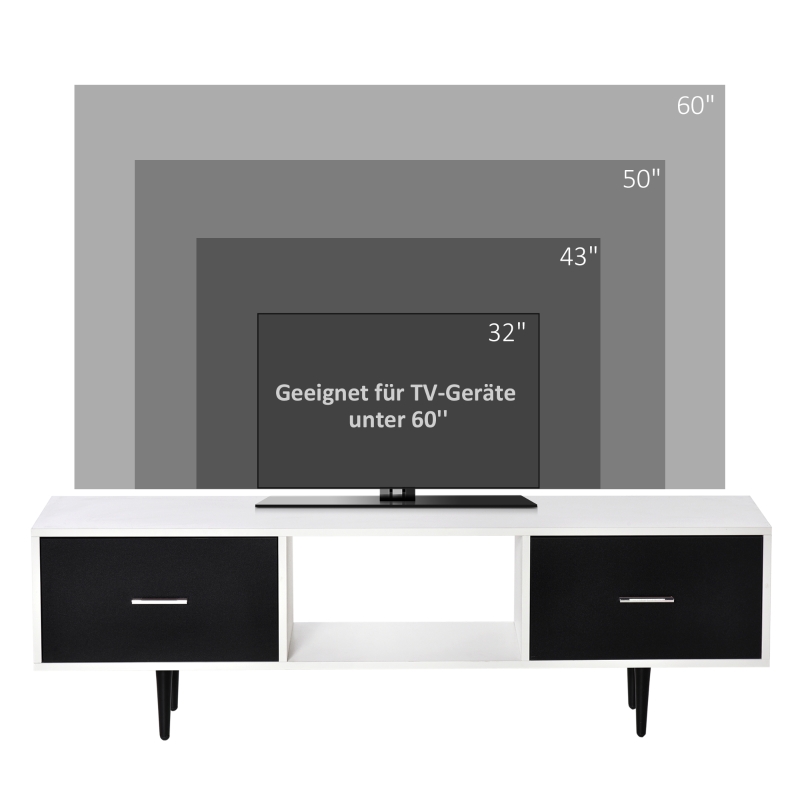 HOMCOM Fernsehtisch TV Lowboard Fernsehschrank mit Schubladen Regale für 60'' Fernseher TV-Board Wohnzimmer Schlafzimmer Metallbeine Weiß 140 x 30 x 42 cm