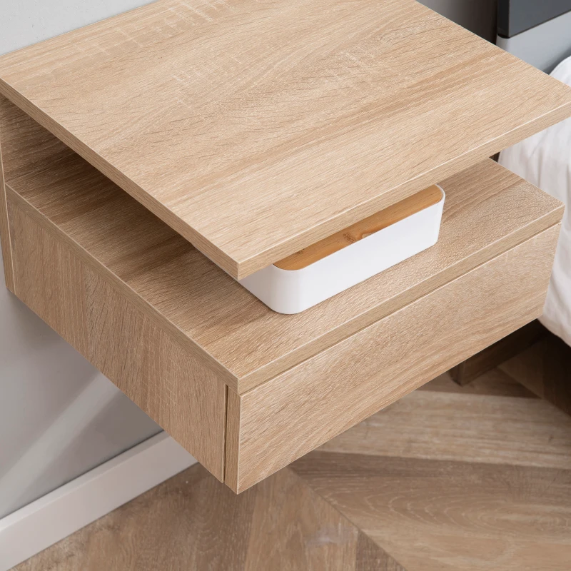HOMCOM Conjunto de 2 Mesas de Cabeceira Flutuante com 1 Gaveta e Prateleira Aberta com Desenho Moderno  35x32x22,5 cm Carvalho